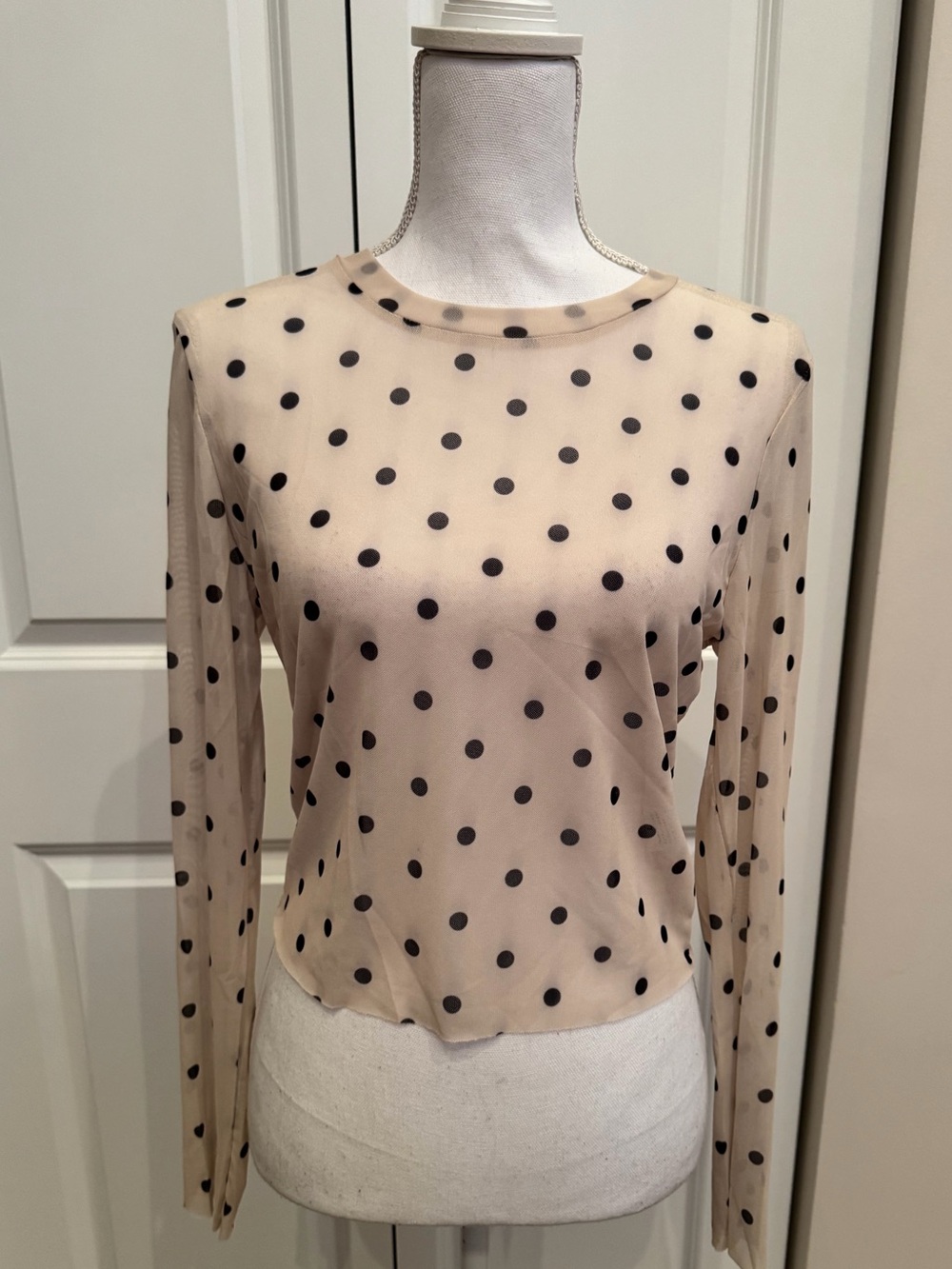 Mesh Sheer Polka Dot Long-Sleeve Top - Nude/Black (large)